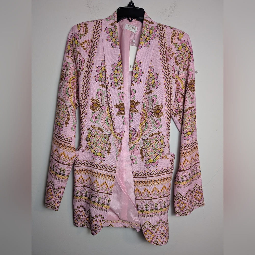 Fate Blazer Boho Pink Paisley Open Front Tie Waist Jacket Feeling Free Linen